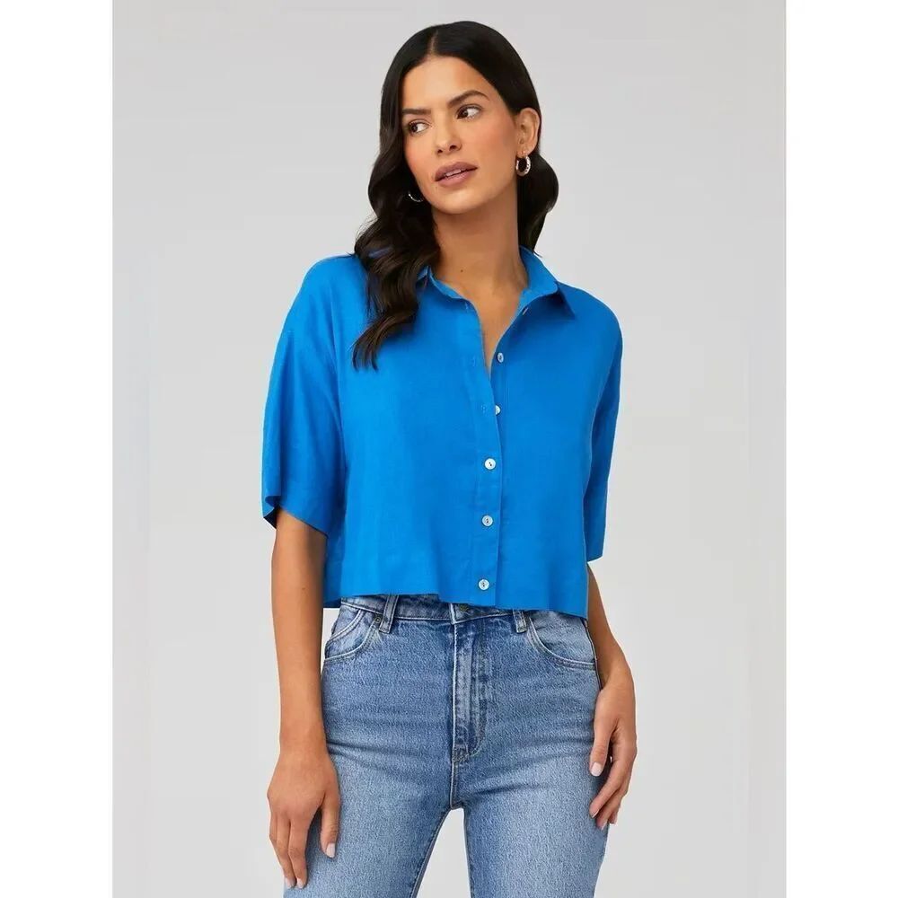 Nia Women's Cropped Boxy Linen Blend Button Up Shirt in Cobalt Blue Size Medium